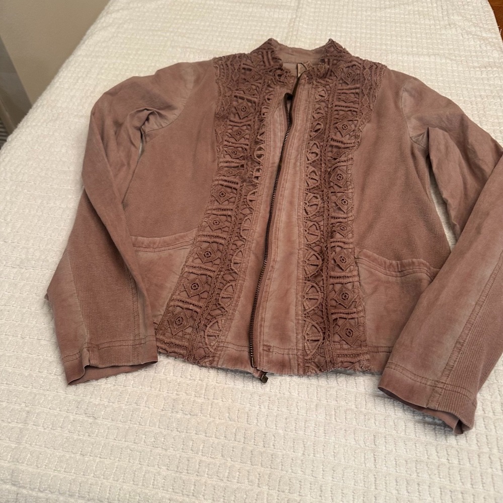 XCVI Womens Jacket Size Small Dustry Rose Lace Full Zip Overlay Corduroy Boho